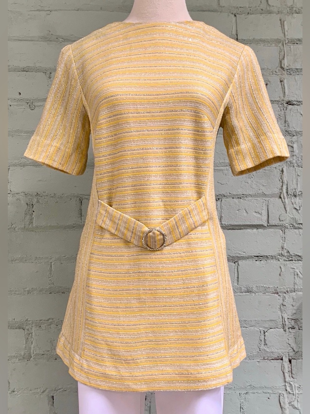 Vintage Belted Knit Tunic - Short Sleeve in Yellow & Metallic Gold